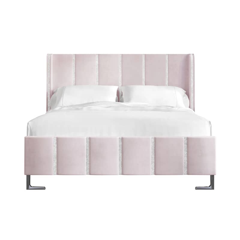 CraftPorch Luxurious Crystal Diamond Strip Velvet Upholstered Bed - Light Pink - King