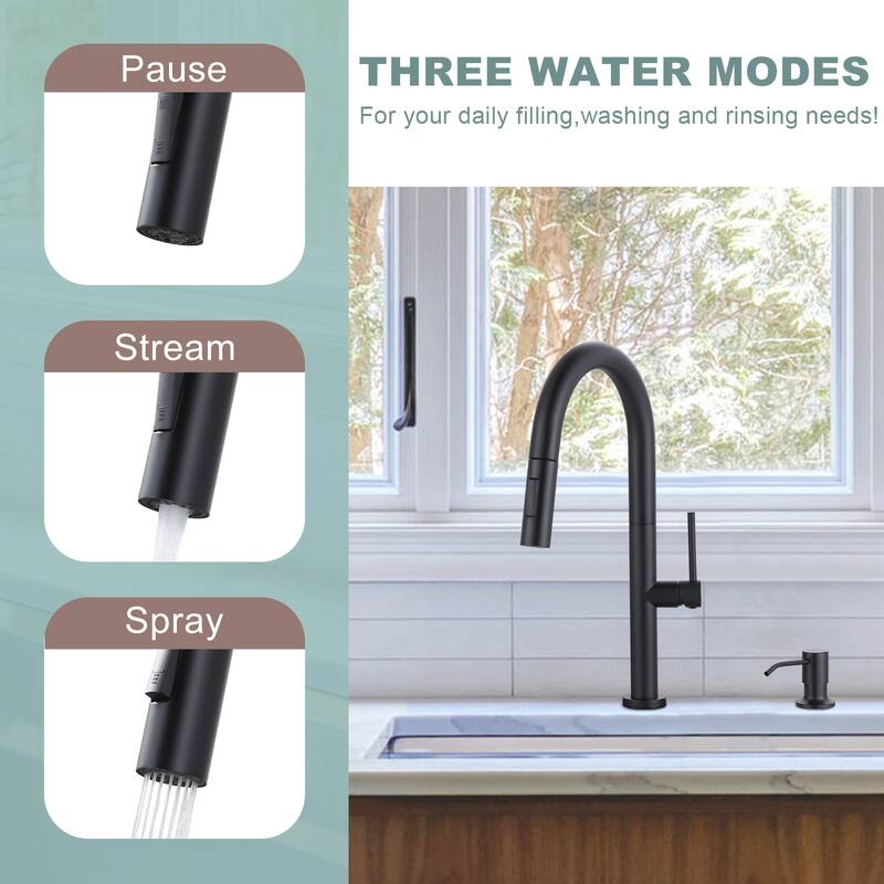 WOWOW Single Handle Pull Down Kitchen Faucet with Soap Dispenser