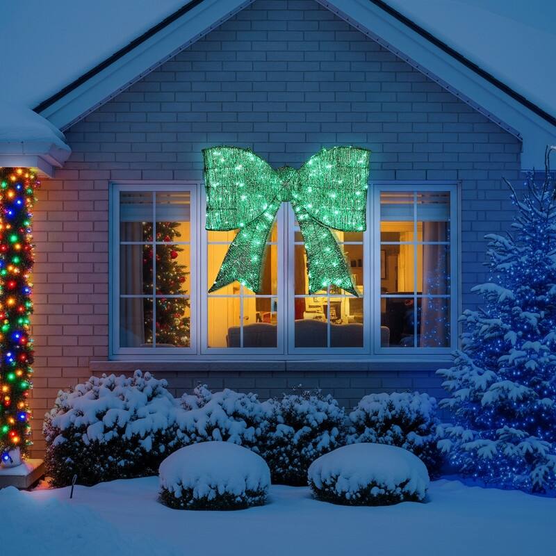 Pre-lit Outdoor Giant Bowknot Christmas Decoration with 124 Warm White LED Lights for Front Door Gate Wall