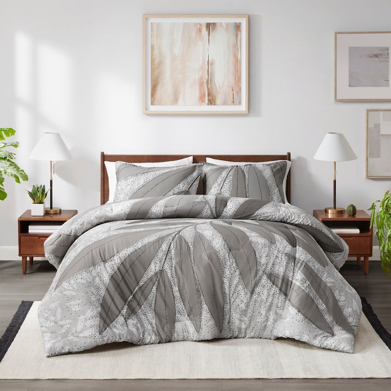 3 PCS Full/Queen Botanical Cotton Comforter Set Gray