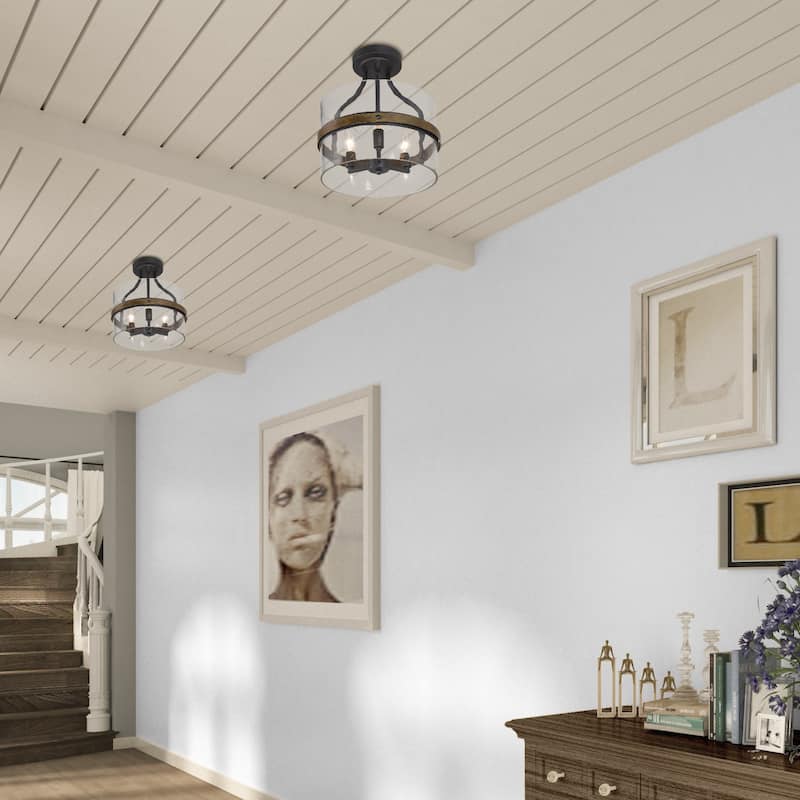 Modern Farmhouse 3-Light Glass Semi-Flush Mount Drum Ceiling Light