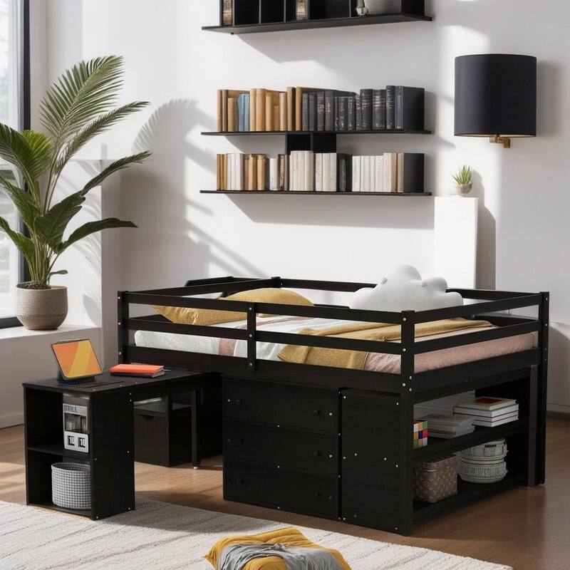 Wooden Full Size Kids Bed with Desk and Drawers Stairs and Shelves