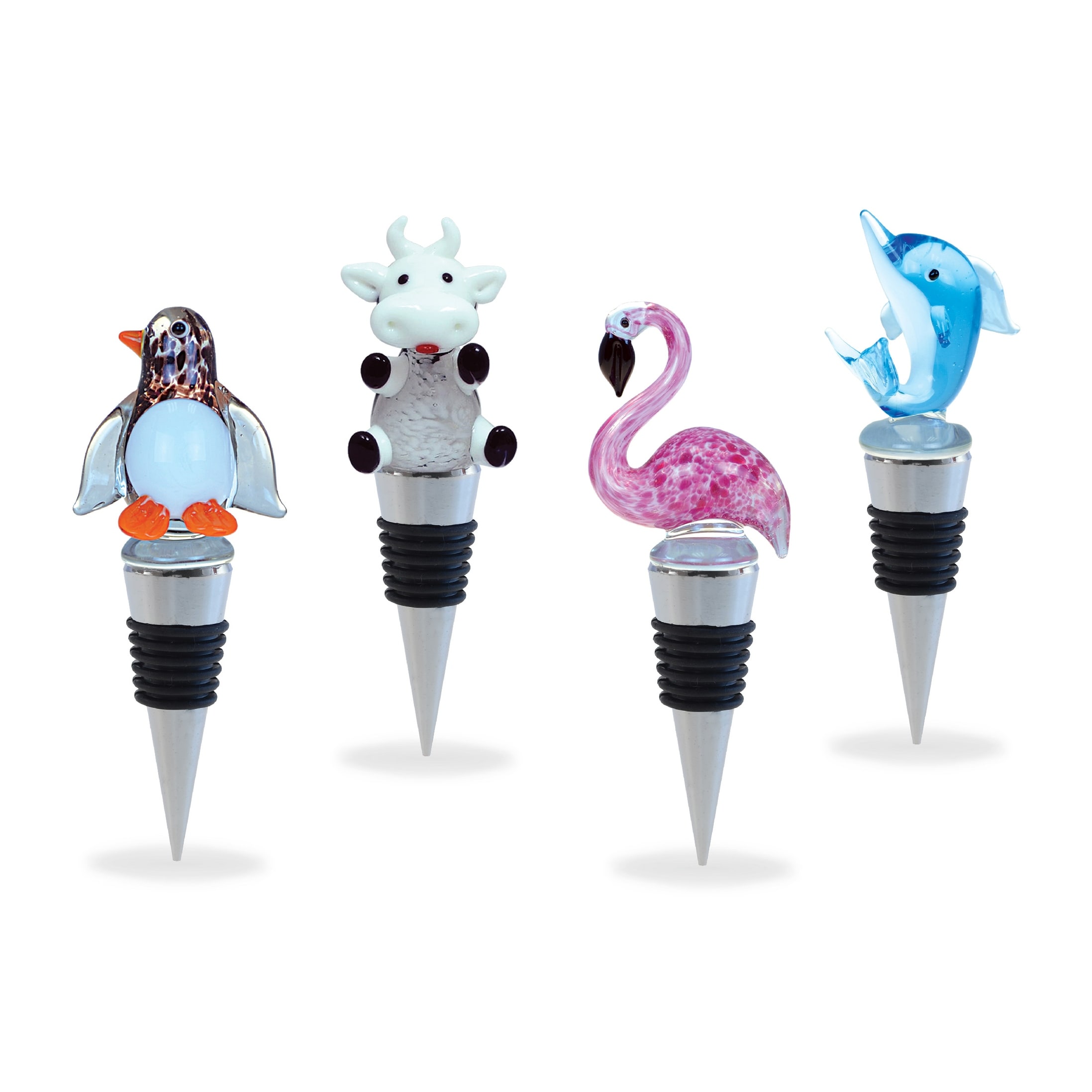 Cheers Flamingo, Dolphin, Penguin, Cow Glass Wine Stopper Set of 4 - 1 Lx1.5 Wx5 H inches