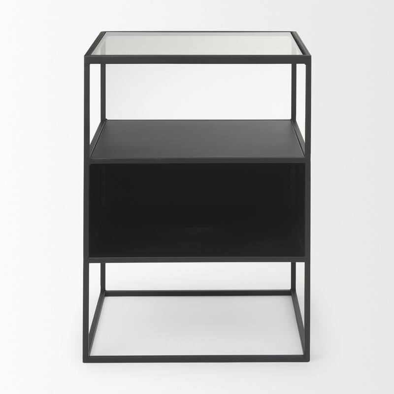 HomeRoots 21" Clear and Black Glass and Metal Square Frame End Table With Two Shelves - 15.75 in. x 21.26 in. x 15.75 in.