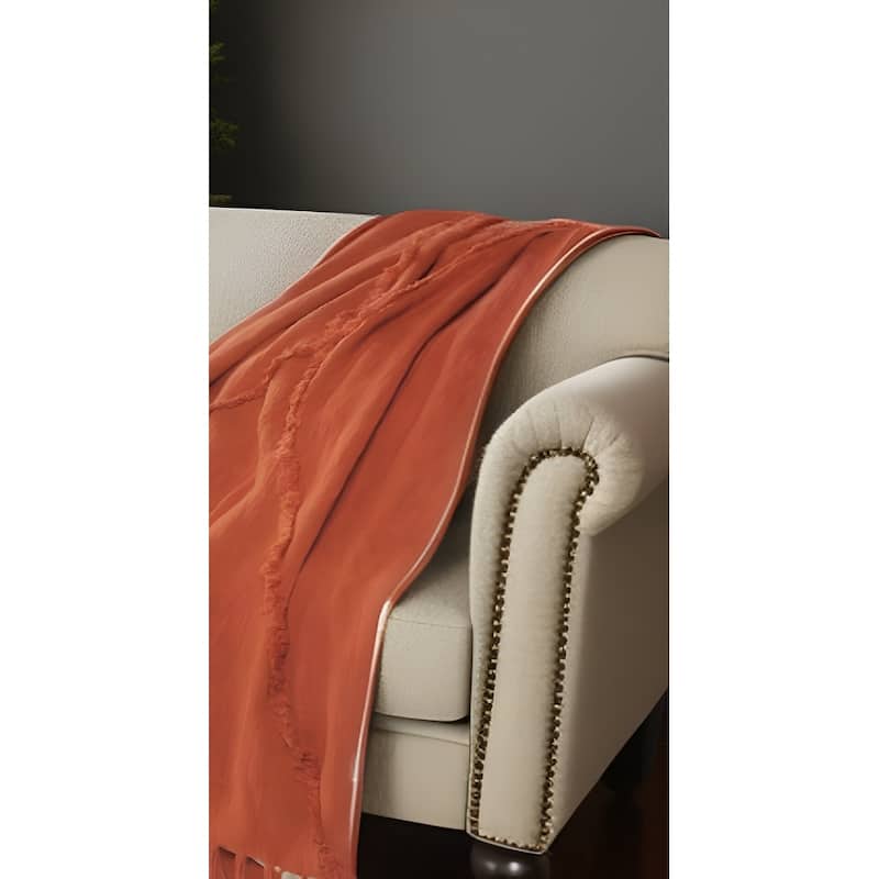 HomeRoots 60" X 50" Orange Woven Cotton Throw Blanket with Fringe - Throw