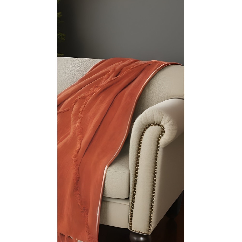 HomeRoots 60" X 50" Orange Woven Cotton Throw Blanket with Fringe