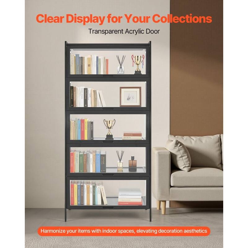 Black Acrylic 5-Tier Display Cabinet with Flip Doors and Shelves - 32.28 × 12.60 × 67.72 inch