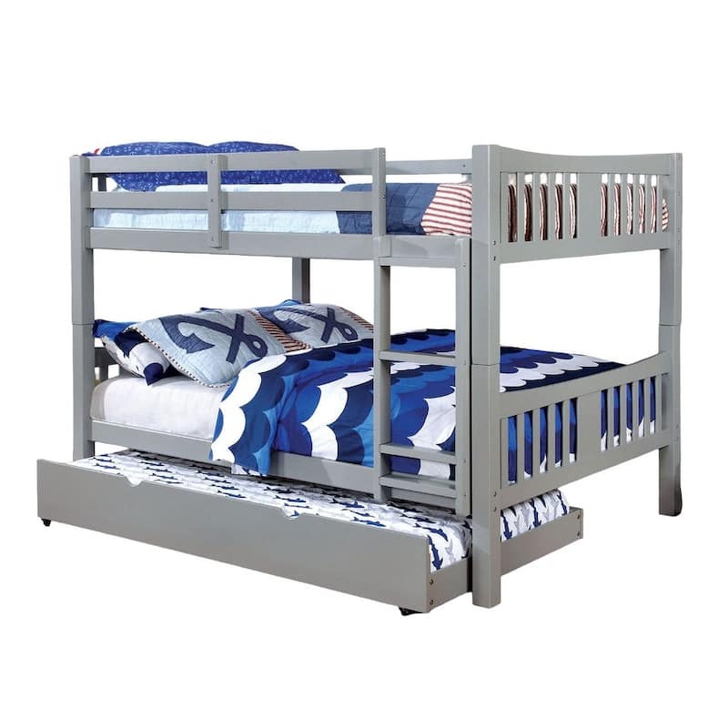 Gray Full Over Full Bunk Bed with Trundle and Attached Ladder, Transitional Style
