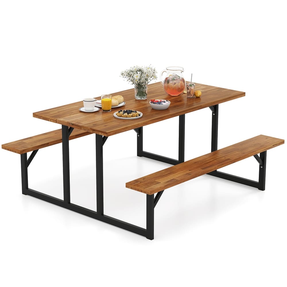Brown and Black Acacia Wood Picnic Table 6 Person and Bench Set with Metal Frame - 63" x 61.5" x 29"