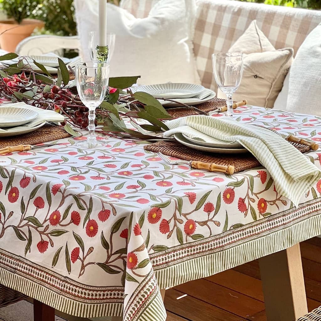 Red and green square tablecloth- Flowering gums christmas