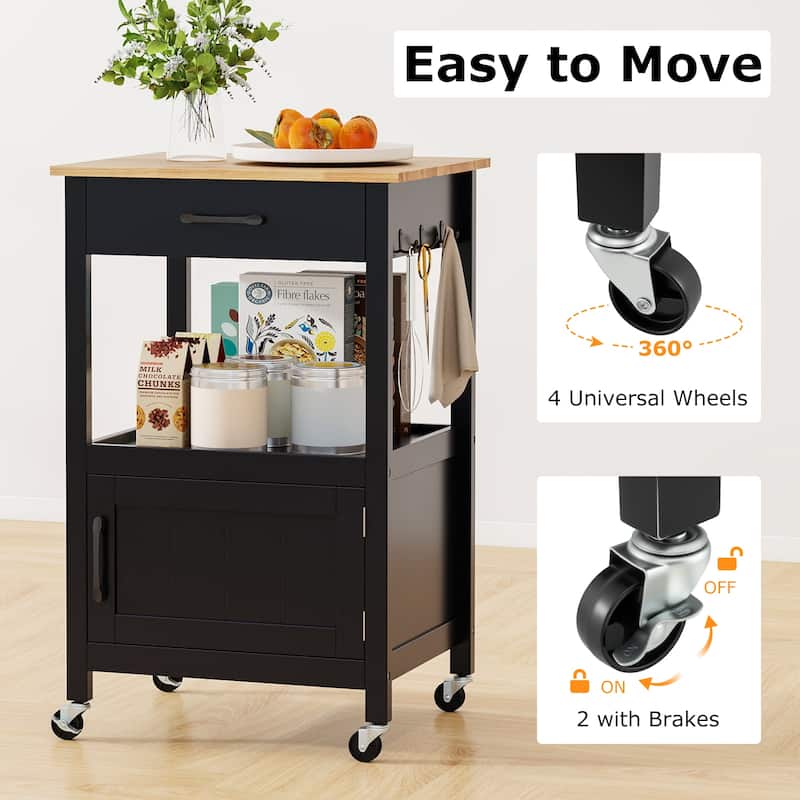 Mobile Rolling Kitchen Cart with Drawer and Cabinet Hooks for Dining Room or Living Room - 22" x 18" x 36" (L x W x H)