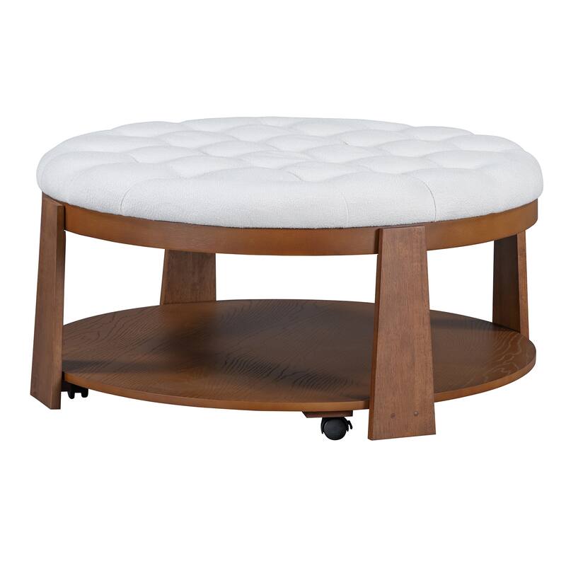 Round Ottoman Coffee Table 2-Tier Center Table with Shelf, Ivory White End Table Cocktail Table with Wheels