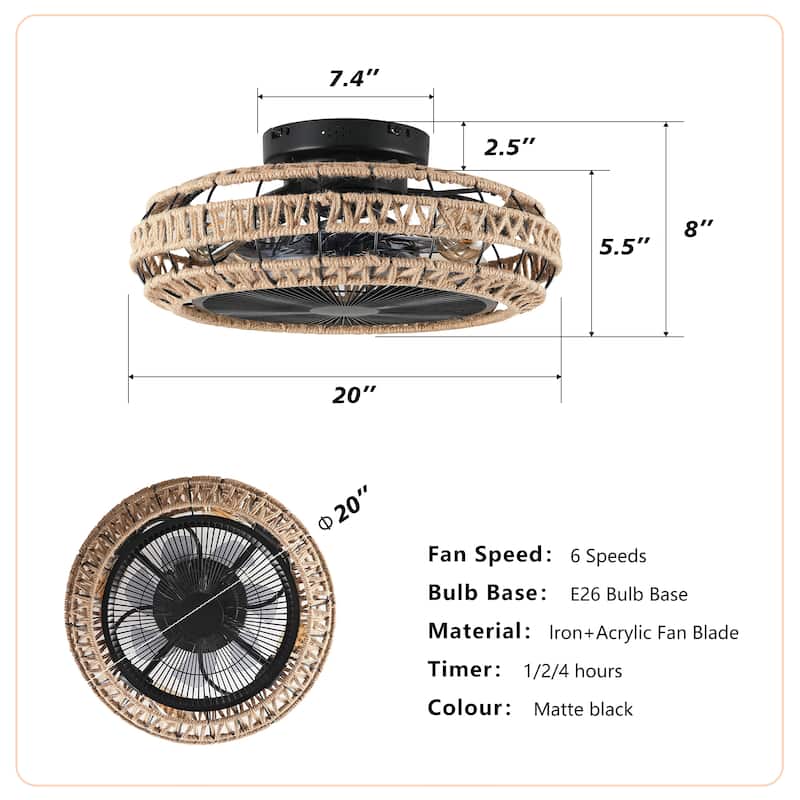 20" Caged Ceiling Fans Flush Mount,Low Profile Fabric Farmhouse Ceiling Fan with Remote Control - N/A