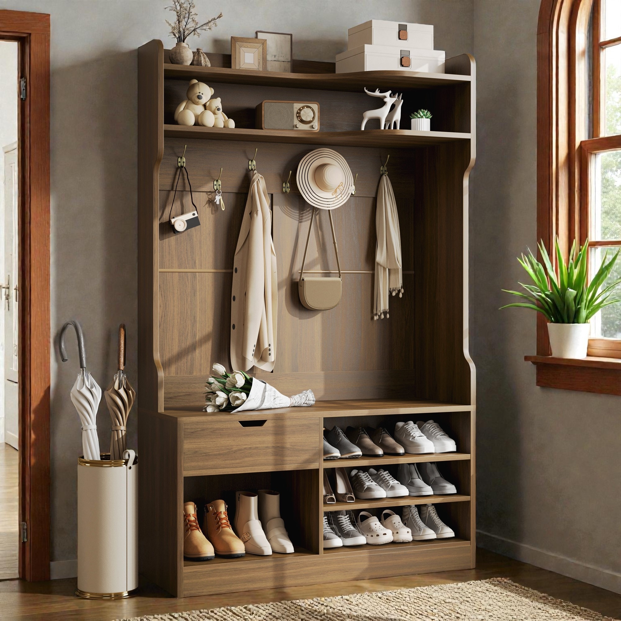 Hall Tree with Bench, Drawer, Hooks, and Shoe Storage, Entryway Organizer with Cabinet, Farmhouse Style Storage Rack