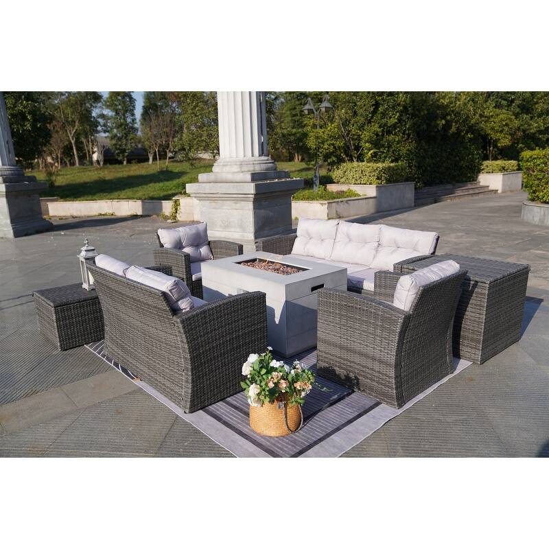 7-Piece Outdoor Wicker Conversation Sofa Set with Fire Pit