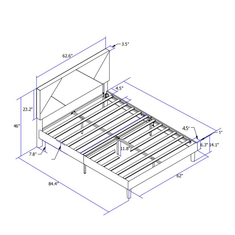 Grey Queen Size Upholstered Platform Bed with Slat Support
