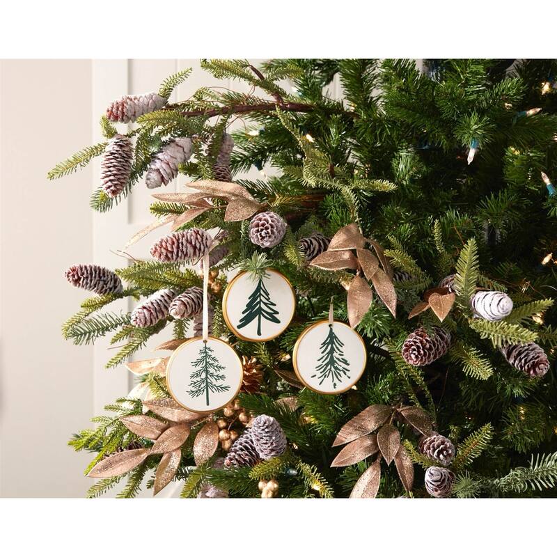 Set of 12 White Green Gold Ceramic Christmas Tree Ornaments Pine Disc Decor for Tree - 3.25”L x 0.25”W x 3.5”H