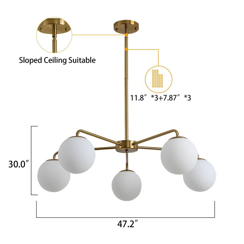 5-Light Modern Sputnik Chandeliers Frosted Glass Ceiling Pendant Light
