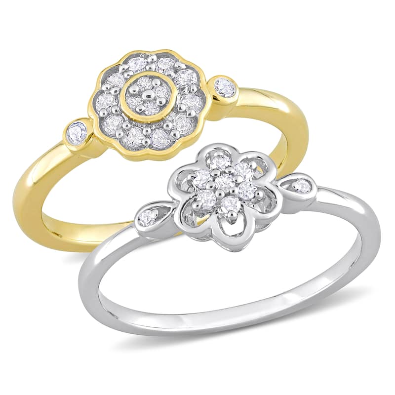 Miadora 1/3ct TW Diamond Flower Rings 2-Piece Set 2-Tone Yellow White Sterling Silver