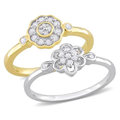 Miadora 1/3ct TW Diamond Flower Rings 2-Piece Set 2-Tone Yellow White Sterling Silver