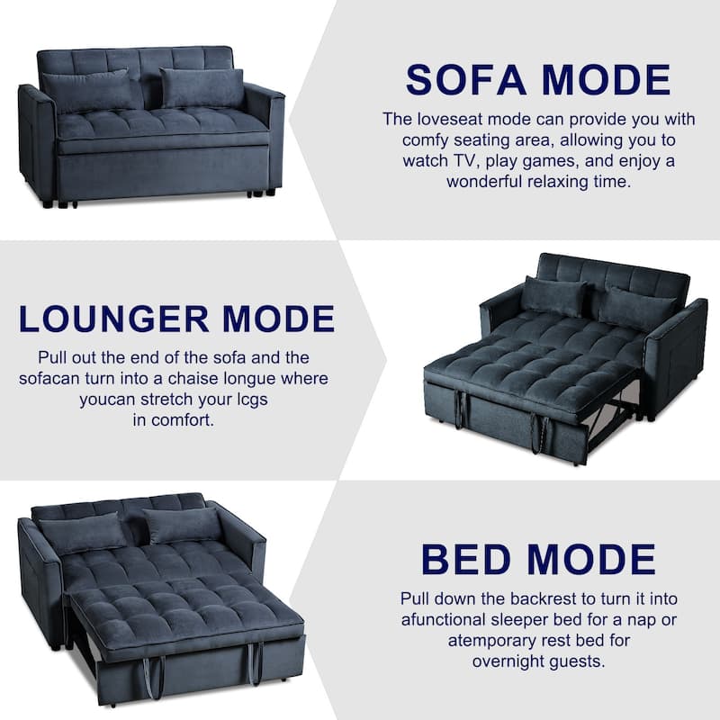 3 in 1 Convertible Sleeper Sofa Bed, Adjustable Backrest, Velvet Loveseat Futon with Pillows & Pockets