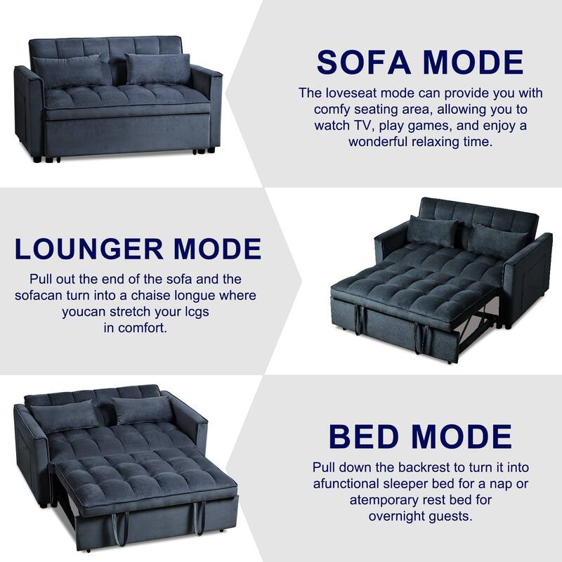 3-in-1 Velvet Convertible Sofa Bed, Adjustable Backrest with Pockets