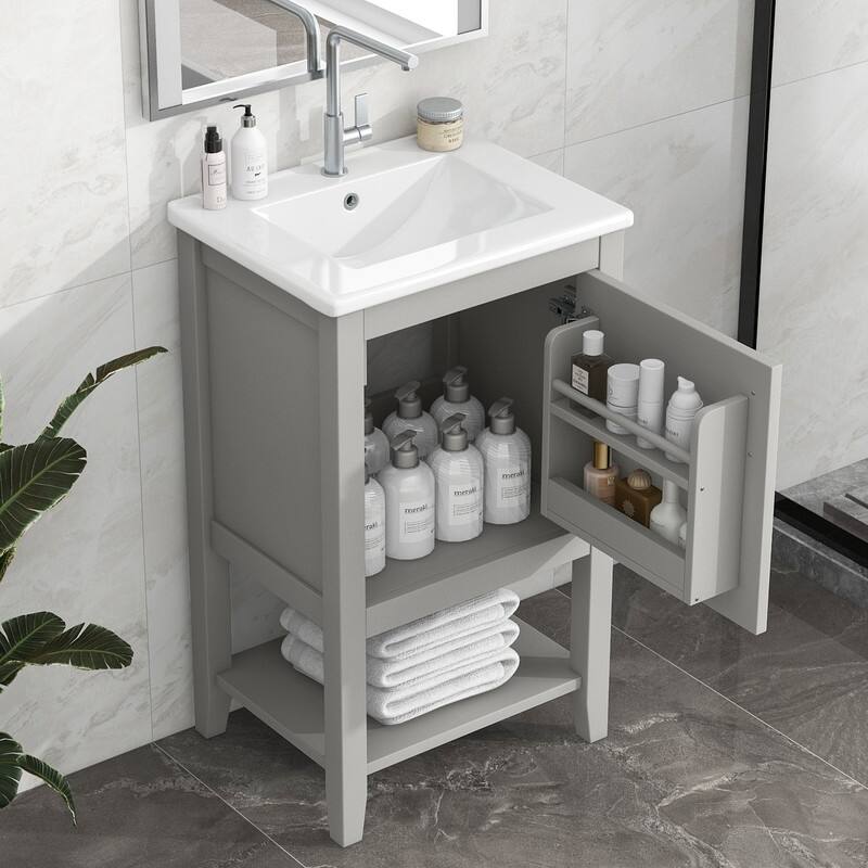 20" Bathroom Vanity with Sink, Soft Closing Door, Storage Rack and Open Shelf - Grey