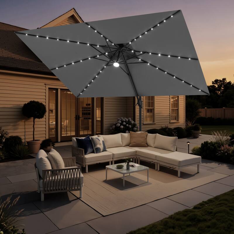 12 x 9 FT Outdoor Patio Cantilever Umbrella with Solar Lights Double Canopy 360 Rotation Tilt