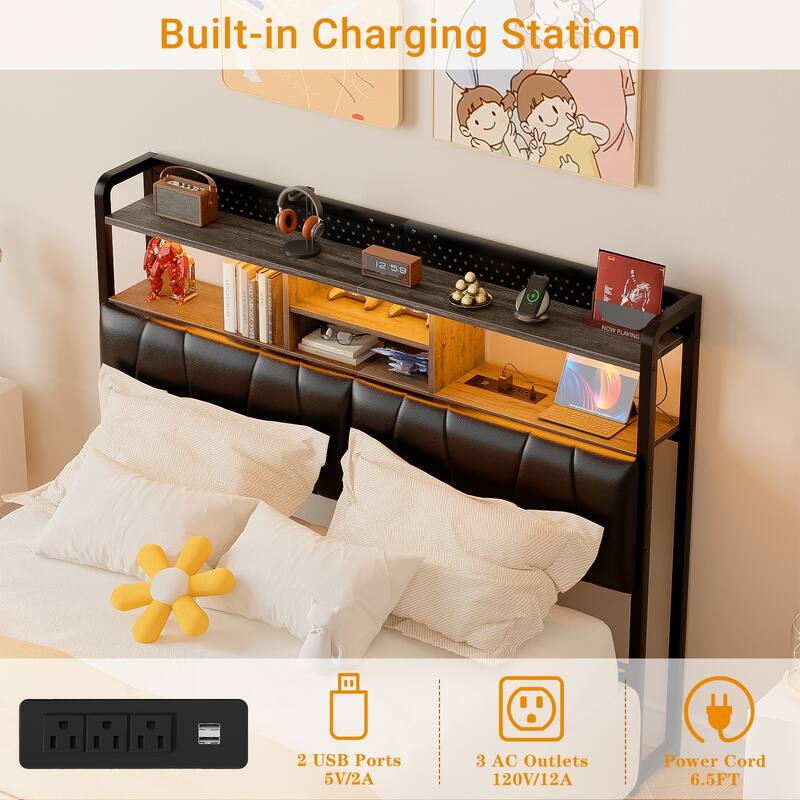 Upholstered Headboard with Pegboard and Charging Station, Storage Headboard Shelves and LED Light