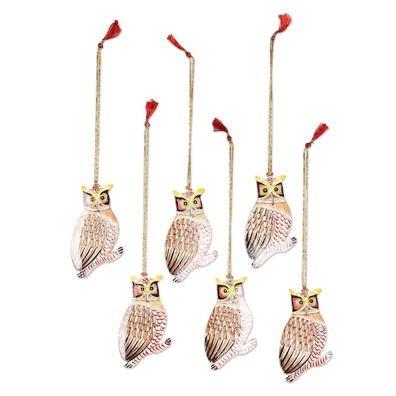 Novica Handmade Owl Be Home For Christmas Wood Ornaments (Set Of 6)