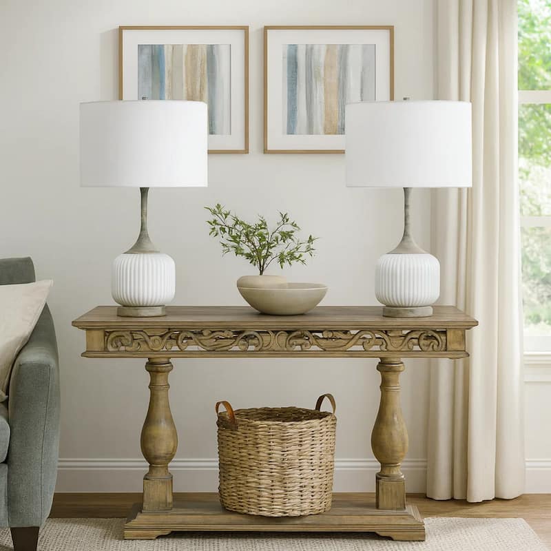 Myra Table Lamp Set of 2, Fluted Accent Glass Base, White Fabric Shade