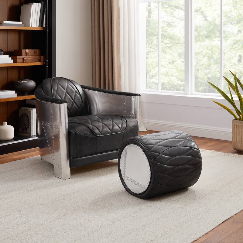 Art Leon Industrial Aluminum and Genuine Leather Ottoman Stool