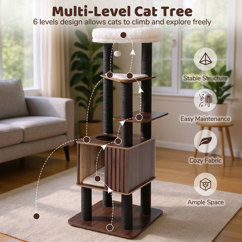 Gymax 64'' Tall Cat Tree for Indoor Cat Wooden Cat Tower Top Perch w/