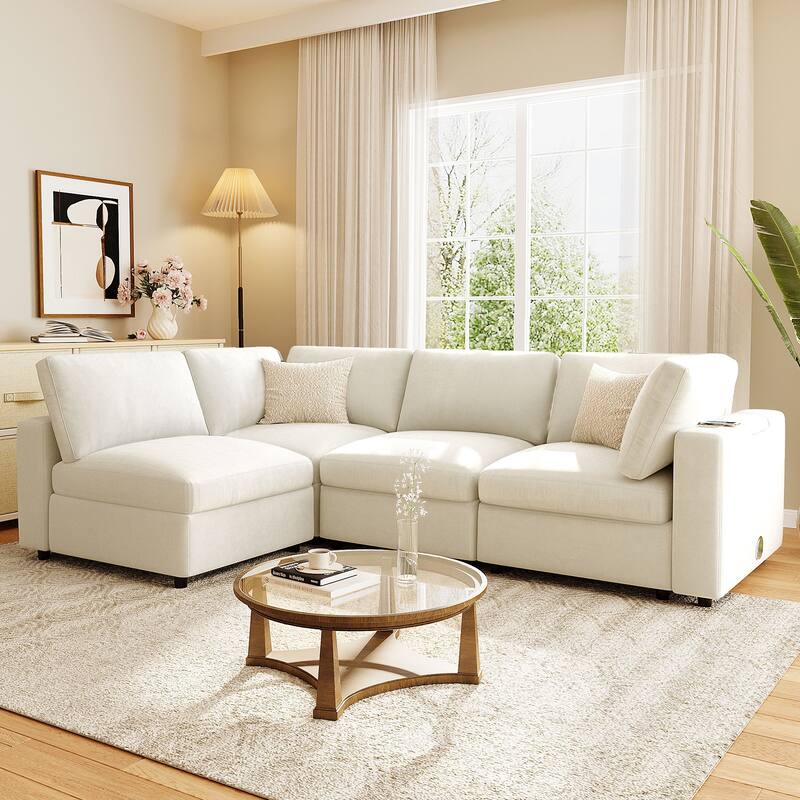 Upholstered Modular Sofa with USB Charge Ports and Wireless Charging, Built-in Bluetooth Speaker, Sectional Couch - Beige