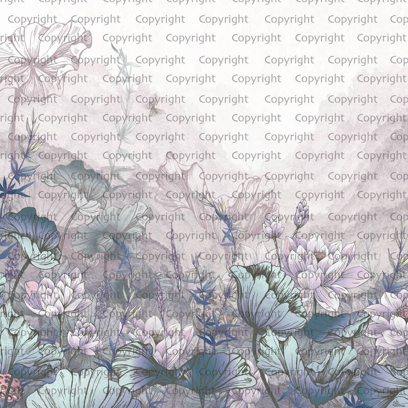 Tranquil Lotus Pond, Soft Botanical Wallpaper Mural - Blue - W:225" x H:118"