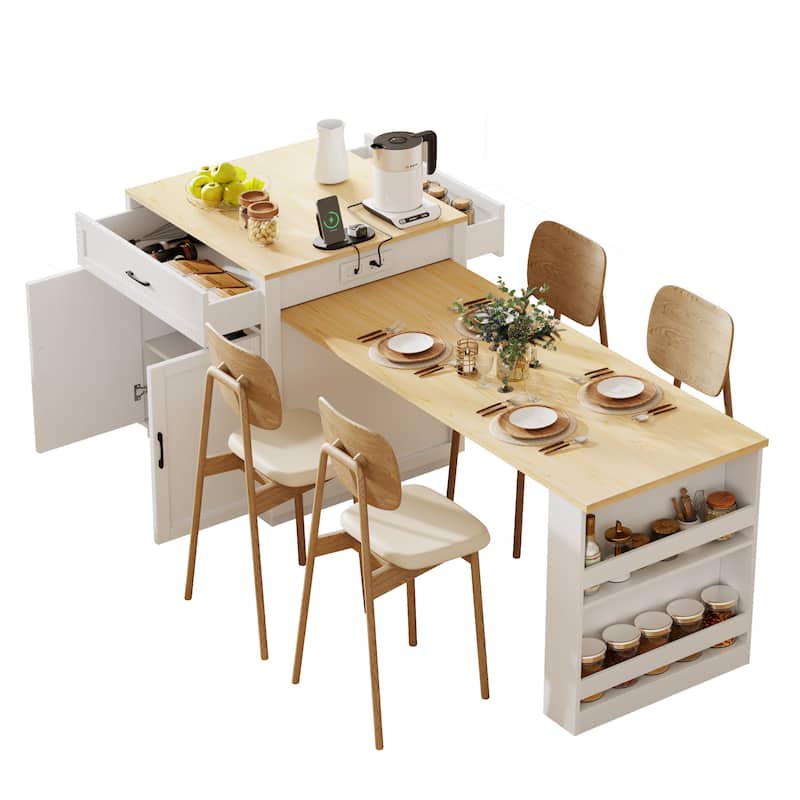 Rolling Kitchen Island w/Extendable Dining Table, Wooden Cupboard Spice Storage Cabinet w/Charging Station & 2 Side Open Shelves