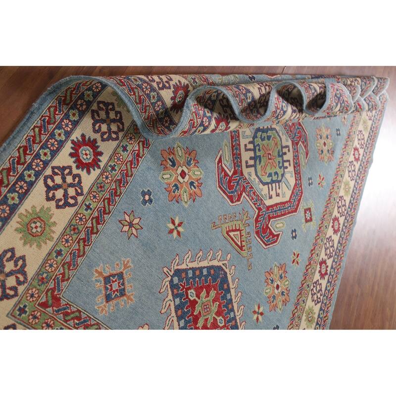 Hand Knotted Oriental 100% Wool Carpet Traditional Geometric Navy Blue & Blues Kazak Area Rug - 10' 0'' X 6' 9''