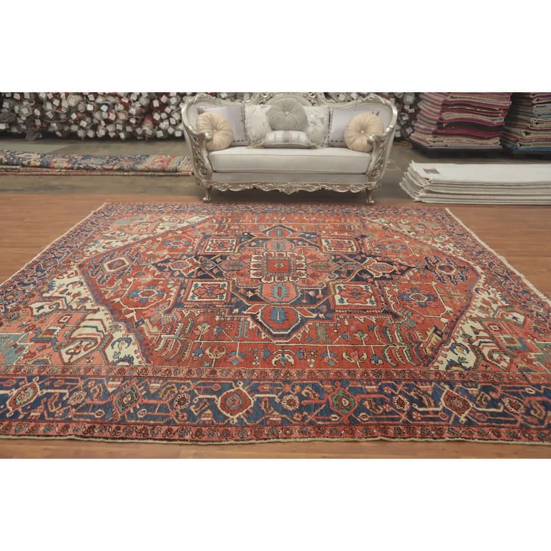 Hand Knotted Oriental 100% Wool Carpet Traditional Medallion Oranges & Rust Heriz (serapi) Area Rug - 11' 0'' X 10' 4''