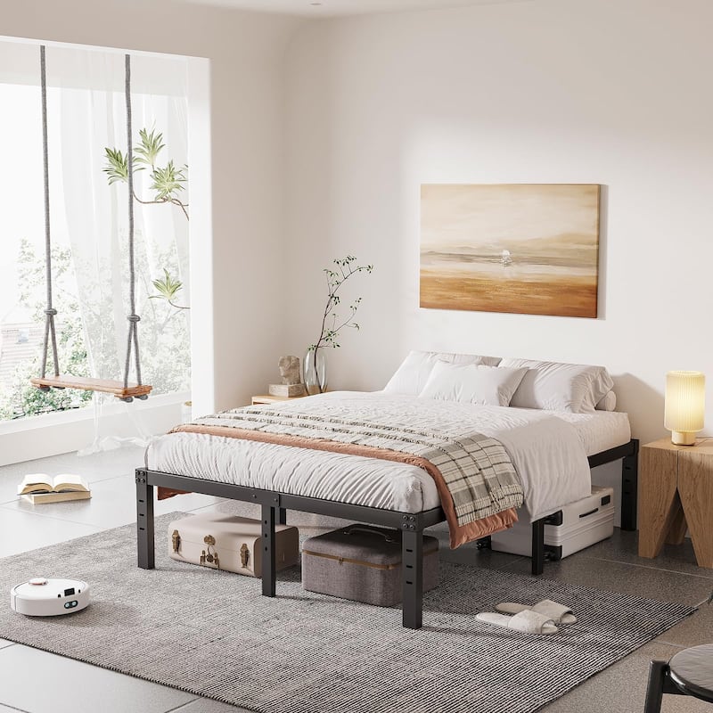 16 Inch Black Metal Platform Bed Frame With Wood Slats Support - California King