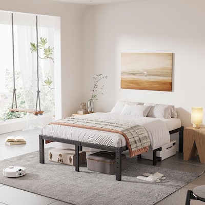 16 Inch Black Metal Platform Bed Frame With Wood Slats Support