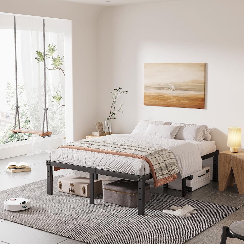 16 Inch Black Metal Platform Bed Frame With Wood Slats Support