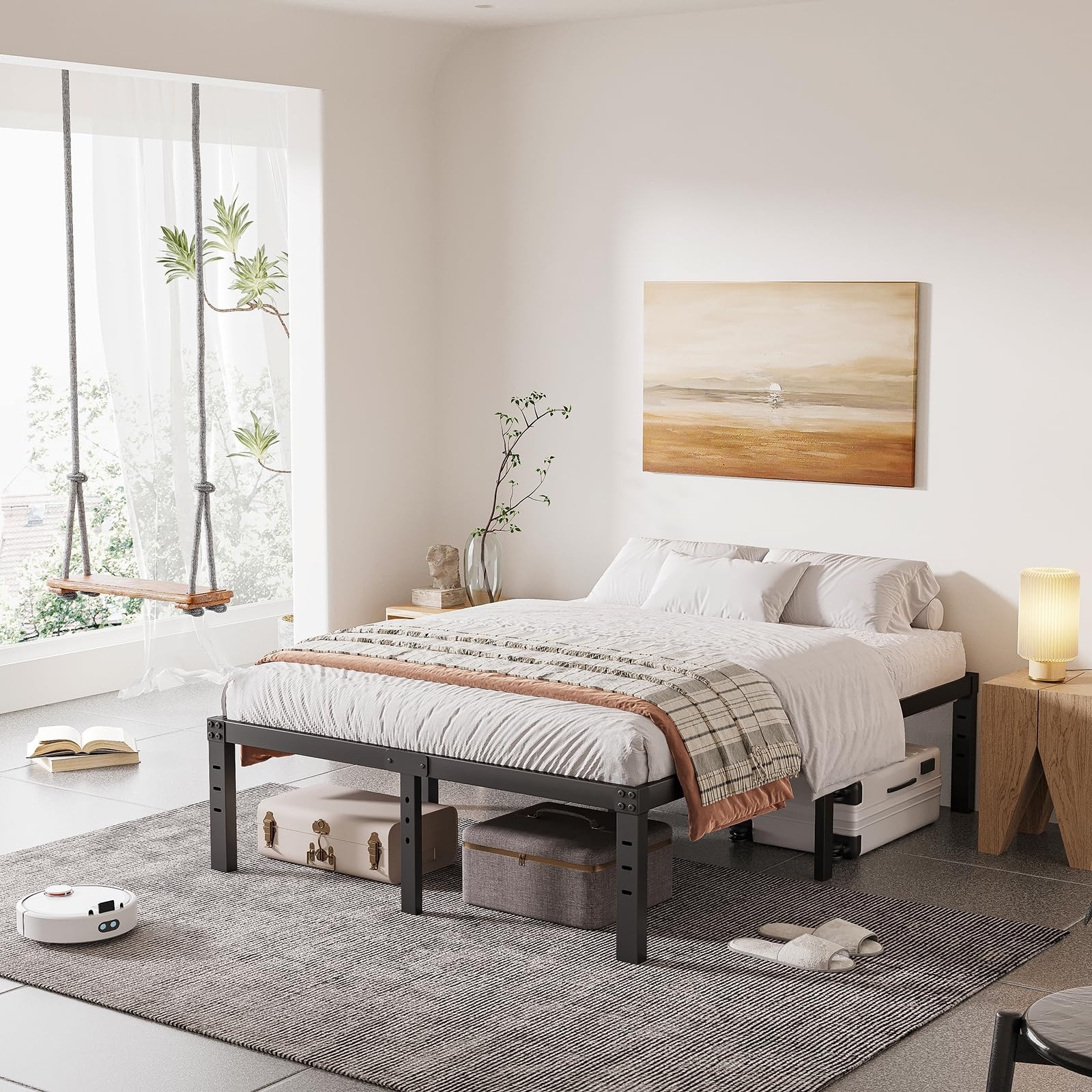 16 Inch Black Metal Platform Bed Frame With Wood Slats Support