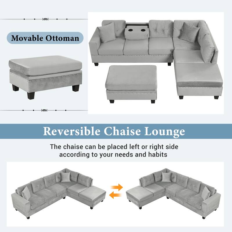 105" L-Shape Sectional Sofa with Storage Ottoman, Reversible Chaise, Pillows, Cup Holders, Gray Velvet