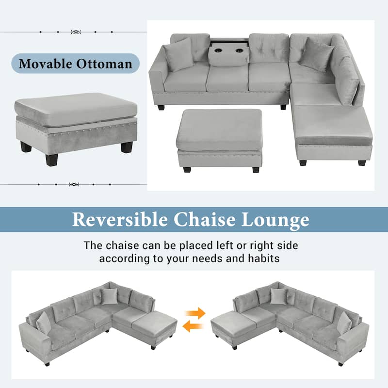 Roomfitters Sectional Sofa with Storage Ottoman, Reversible Chaise, Cup Holders and 2 Pillows for Living Room