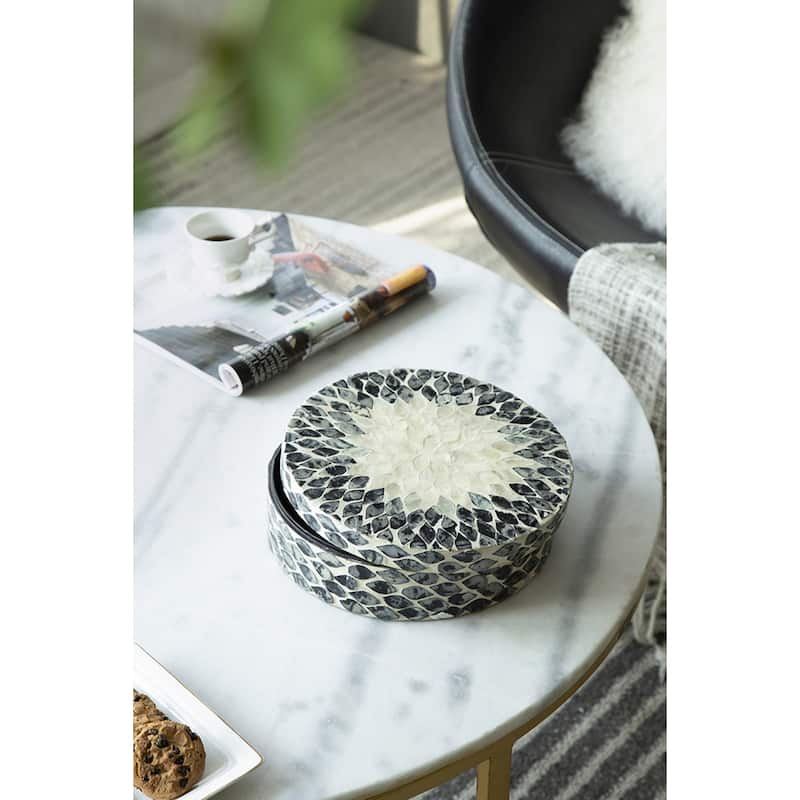 Mosaic Tile Floral Design Box with Lid - 10" - Black and White