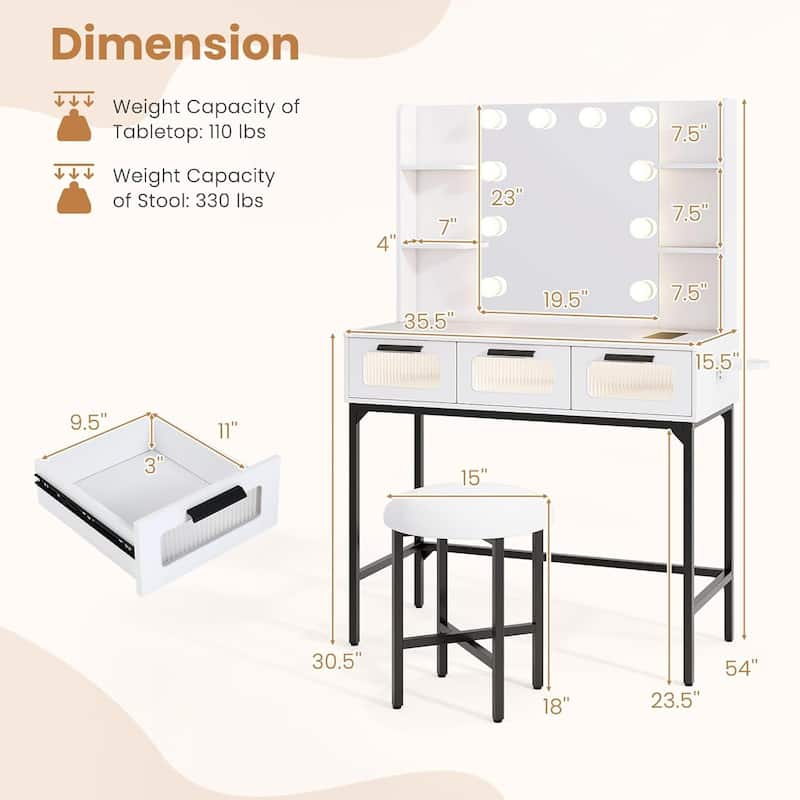 Vanity Desk w/Mirror＆Lights Modern Vanity Dressing Table w/Stool