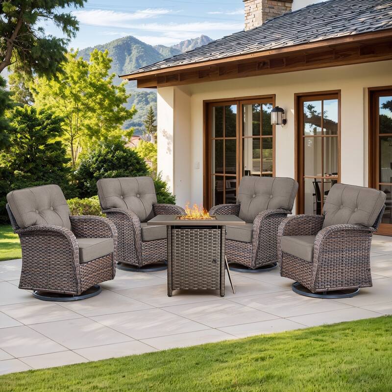 Gymojoy 5-Piece Outdoor Wicker Patio Furniture Set with 55,000 BTU Fire Pit Table, Swivel Chairs & Thick Cushions