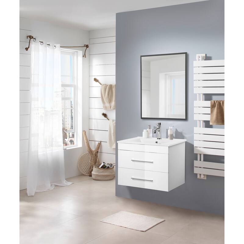GDFStudio - 24-Inch Gloss Wall-Mounted Bathroom Vanity with Double Drawers Ceramic Sink, and Aluminium Frame