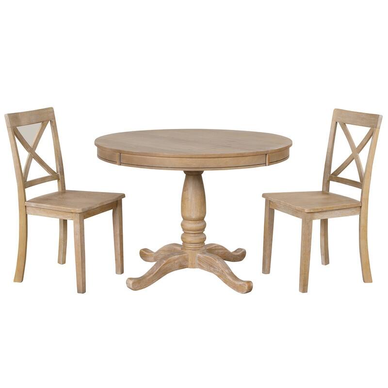 5-Piece Round Dining Table Set Wood Extendable Kitchen Table Set with 4 Upholstered Chairs Farmhouse Dining Set for 4 People
