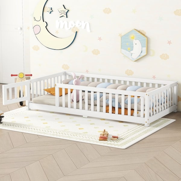 slide 2 of 14, Twin Size Floor Bed for Kids, Safety Guardrails, Removable Door, Low Profile Pine Wood Frame, Superior Quality Crafted, White White